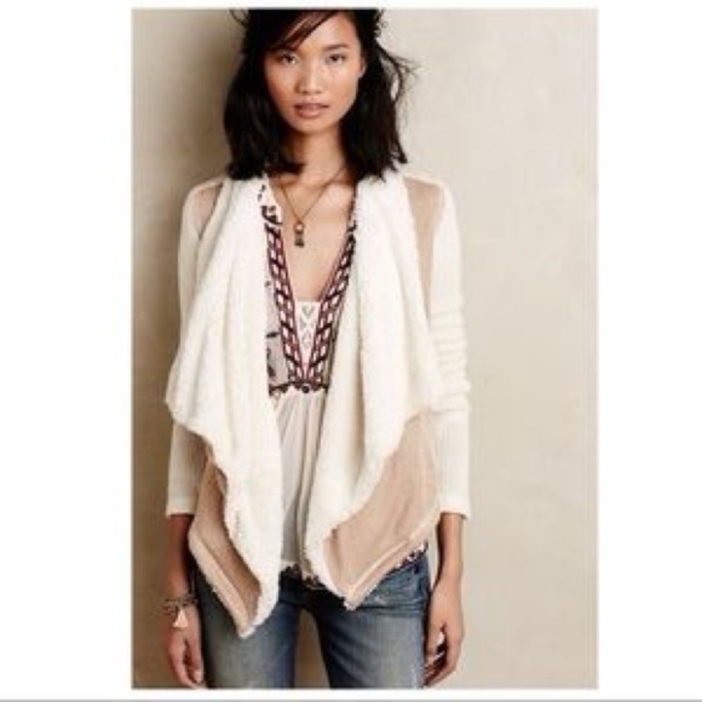 Anthropologie Cream and Brown Drape Cardigan
